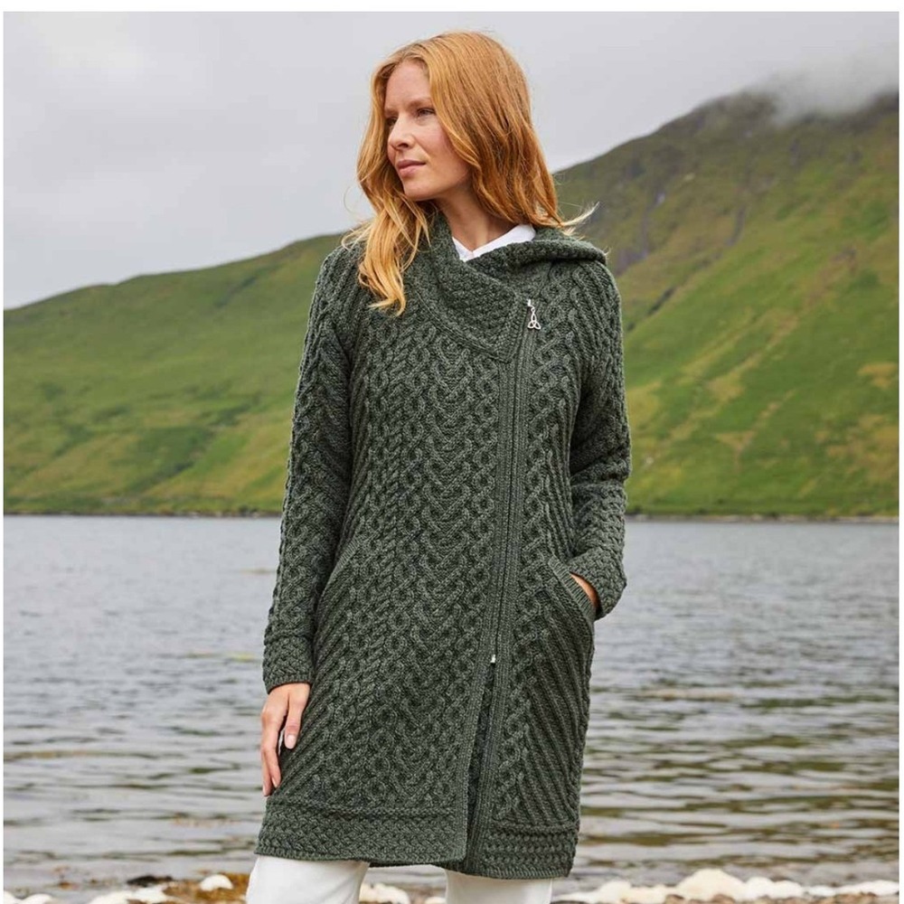 Aran Crafts Ireland Green Merino Wool Side Zip Hooded Cable Knit Sweater Coat S